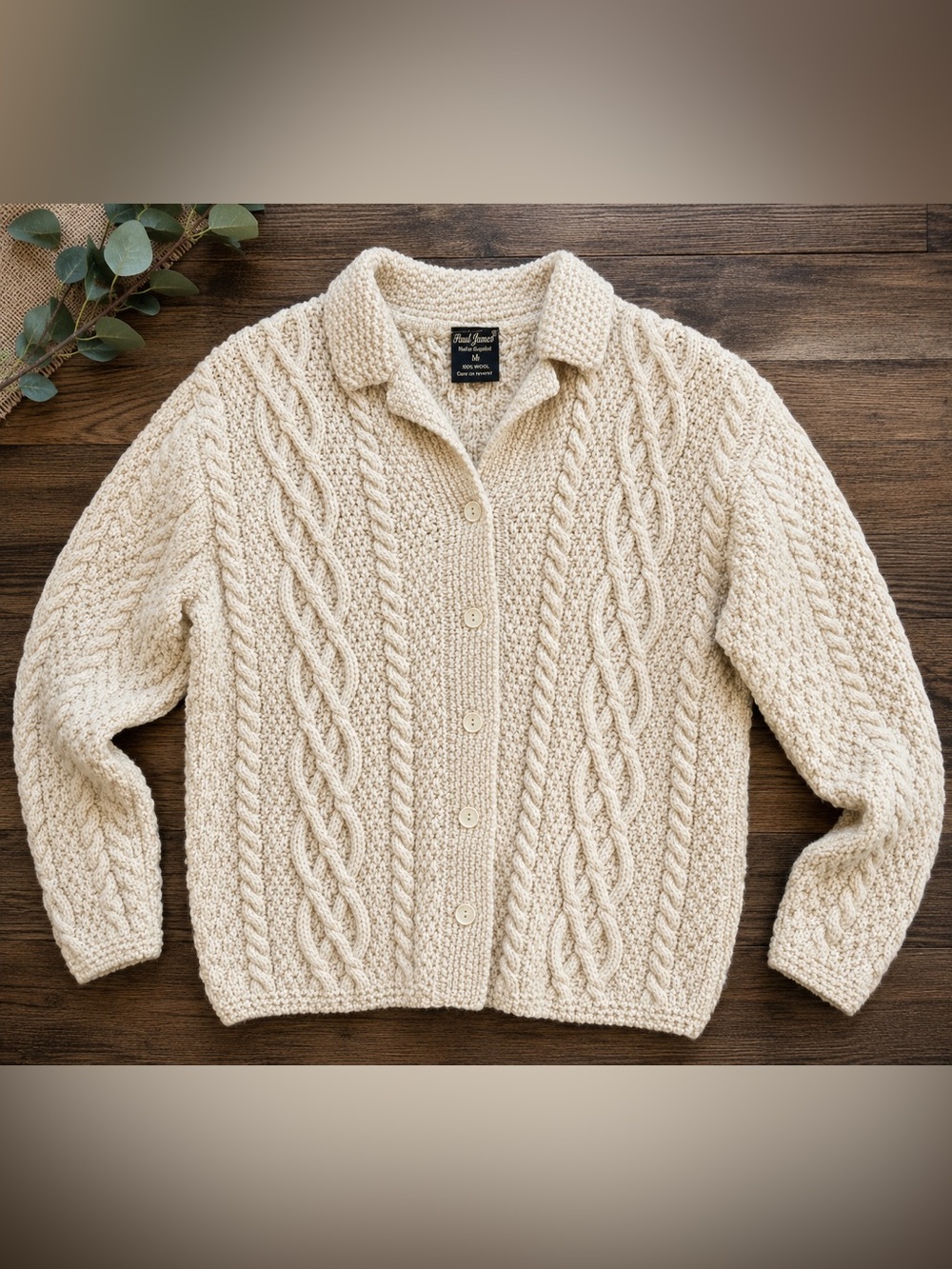 Vintage Paul James England 100% Wool Irish Cable Knit Cardigan Sweater Medium